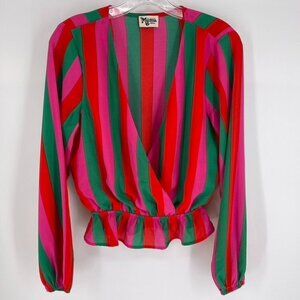 Show Me Your Mumu Sz S Pink Green Stripe Faux Wrap LS Richie Chiffon Top